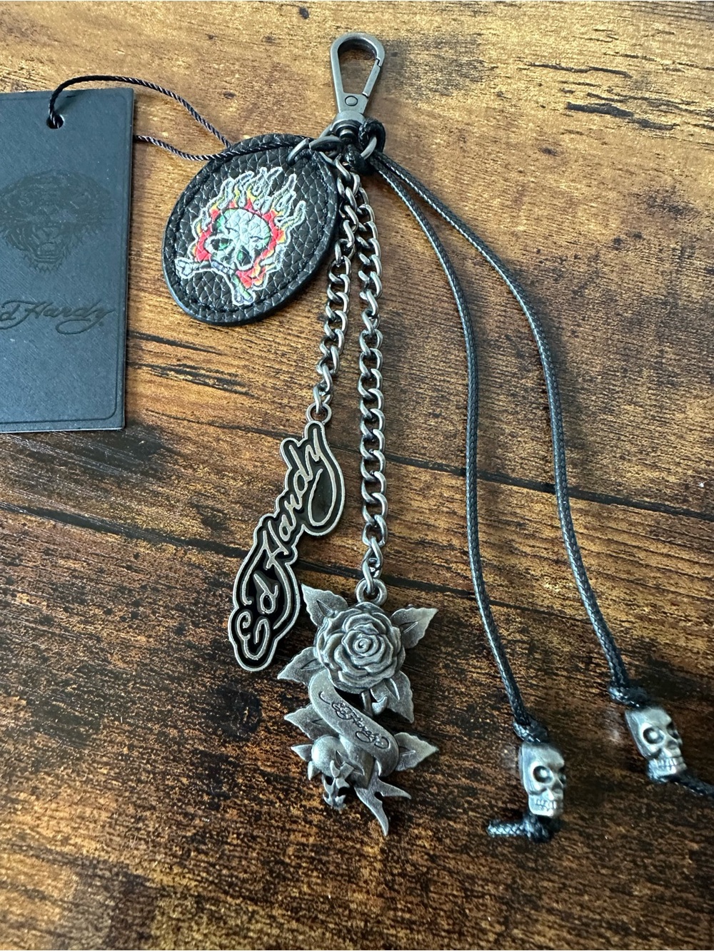Ed Hardy Black Faux Leather & Metal Skull & Rose Keychain Bag Charm NWT